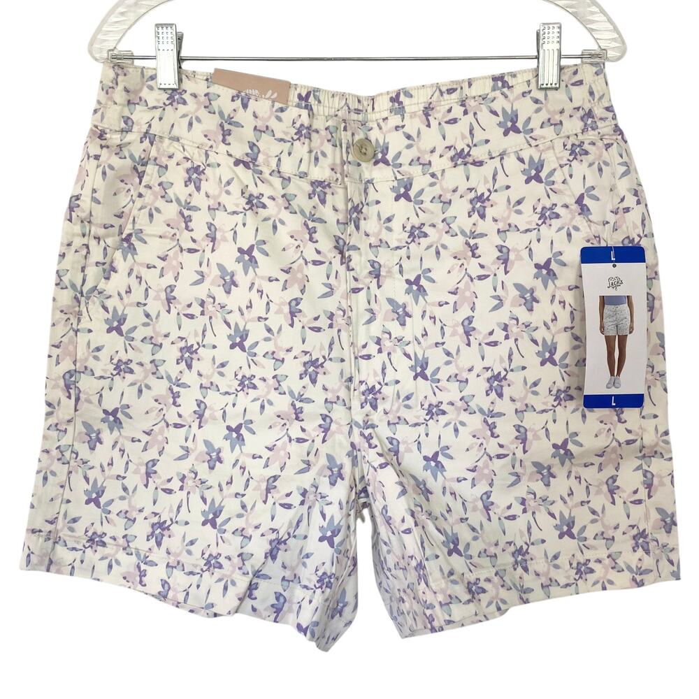 NEW JACHS GIRLFRIEND Stretch Satin Chino Shorts Size Large Floral White 5"